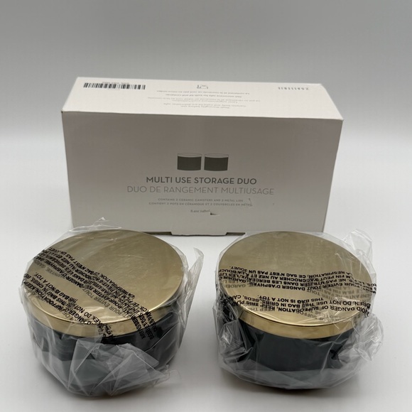 Z Gallerie Multi Use Storage Duo Set of 2 Ceramic Canisters Gold Metal Lids - Picture 4 of 14